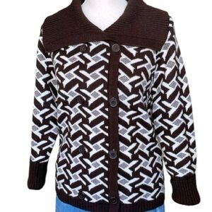 Vintage Brown Cream Houndstooth Knit Sweater Double Breasted Contrast Collar SM